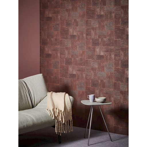 Kézműves fali dekoráció - Fautánzatú felületekből kialakított geometrikus minta fekete arany és terrakotta fémes hatás tapéta