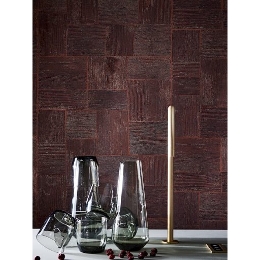 Kézműves fali dekoráció - Fautánzatú felületekből kialakított geometrikus minta fekete arany és terrakotta fémes hatás tapéta