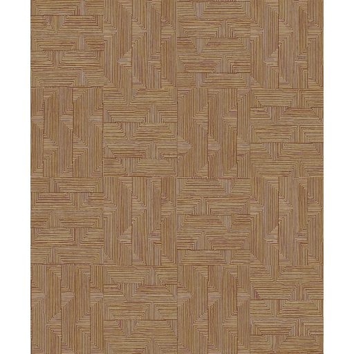 Labirintusra emlékeztető természetes fonallal készült geometrikus minta terrabarna szürke és aranysárga tónus tapéta