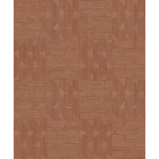 Labirintusra emlékeztető természetes fonallal készült geometrikus minta terrakotta vörösesbarna és szürkésbézs tónus tapéta