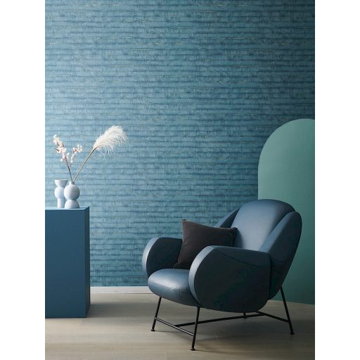 Egyedi szabálytalan csíkokkal megtört repedezett anyagminta vízszinek kék és arany fémes hatás tapéta