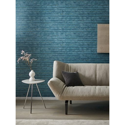 Egyedi szabálytalan csíkokkal megtört repedezett anyagminta vízszinek kék és arany fémes hatás tapéta