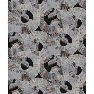   Art Deco stílusú sugár alakú körmintázat fekete törtfehér szürke ezüstszürke és rézszín tónus fémes hatás tapéta