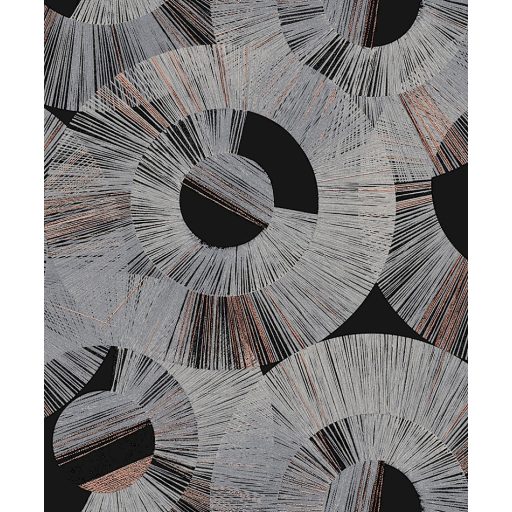 Art Deco stílusú sugár alakú körmintázat fekete törtfehér szürke ezüstszürke és rézszín tónus fémes hatás tapéta