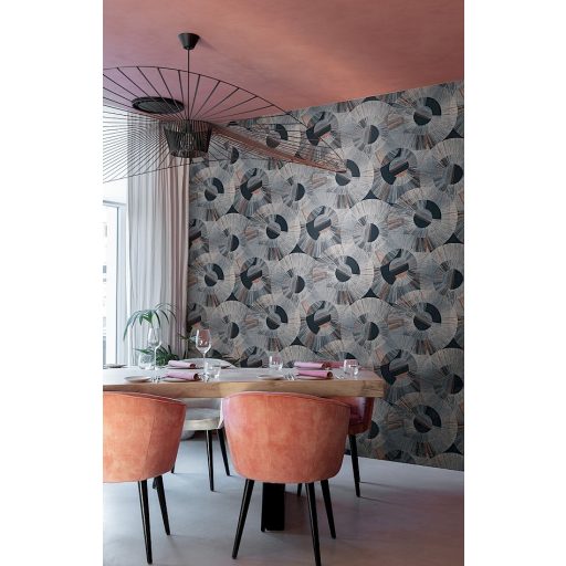 Art Deco stílusú sugár alakú körmintázat fekete törtfehér szürke ezüstszürke és rézszín tónus fémes hatás tapéta