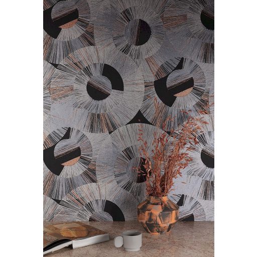 Art Deco stílusú sugár alakú körmintázat fekete törtfehér szürke ezüstszürke és rézszín tónus fémes hatás tapéta