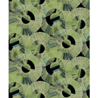   Art Deco stílusú sugár alakú körmintázat fekete zöld és türkiz tónus fémes hatás tapéta