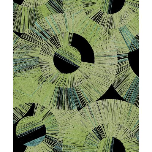 Art Deco stílusú sugár alakú körmintázat fekete zöld és türkiz tónus fémes hatás tapéta