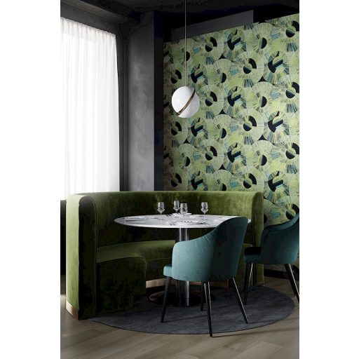 Art Deco stílusú sugár alakú körmintázat fekete zöld és türkiz tónus fémes hatás tapéta