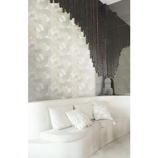 Art Deco stílusú sugár alakú körmintázat fehér szürke szürkésbézs és bézsarany tónus fémes hatás tapéta