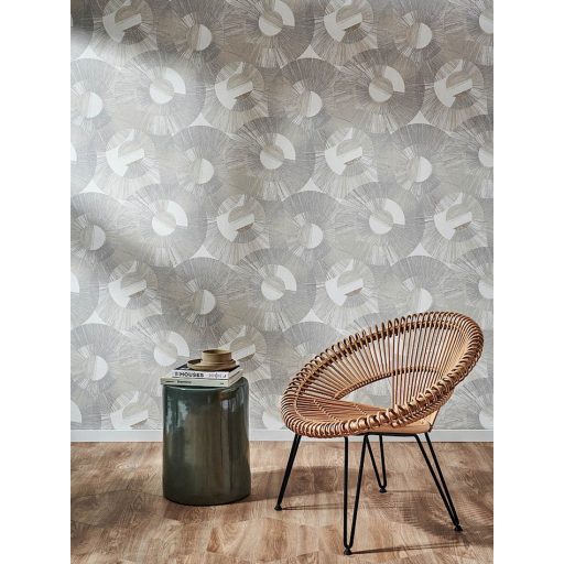 Art Deco stílusú sugár alakú körmintázat fehér szürke szürkésbézs és bézsarany tónus fémes hatás tapéta