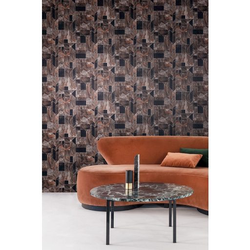 Modern márványminták geometrikus formákba rendezve ólomüveg hatású vonalakkal fekete vörös szürke barna és ezüst tapéta