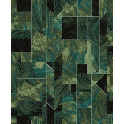 Modern márványminták geometrikus formákba rendezve ólomüveg hatású vonalakkal zöld türkiz fekete és ezüst tónus tapéta