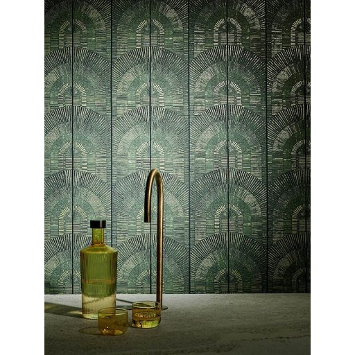 Elképesztő Art Deco stílusú geometrikus minta erdőzöld fekete és arany finom fémes csillogás tapéta