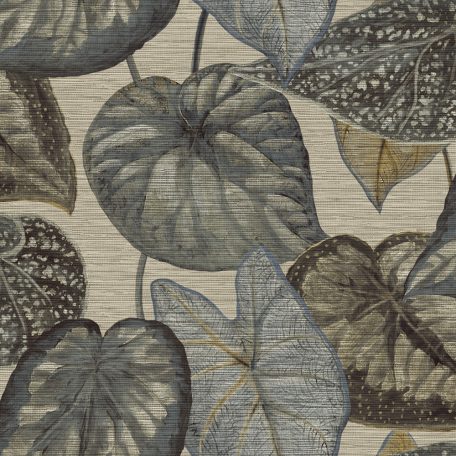 "Túlméretes" trópusi levelek textil háttéren bézs barna sötétbarna kék és rozsdaszín tónus tapéta