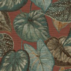   "Túlméretes" trópusi levelek textil háttéren vörös zöld barna és türkiz tónus tapéta