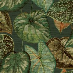   "Túlméretes" trópusi levelek textil háttéren sötétzöld barna zöld türkiz és vörös tónus tapéta