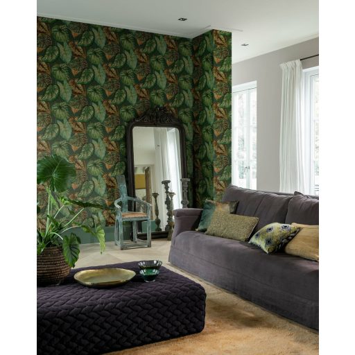 "Túlméretes" trópusi levelek textil háttéren sötétzöld barna zöld türkiz és vörös tónus tapéta