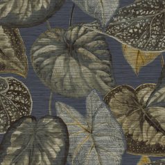   "Túlméretes" trópusi levelek textil háttéren kék fehér barna fekete és narancs tónus tapéta