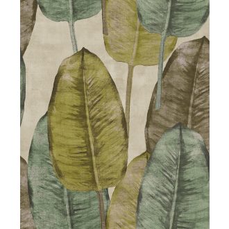   Szemet gyönyörködtető trópusi levelek szürkésbézs sárga barna zöld és türkiz tónus tapéta