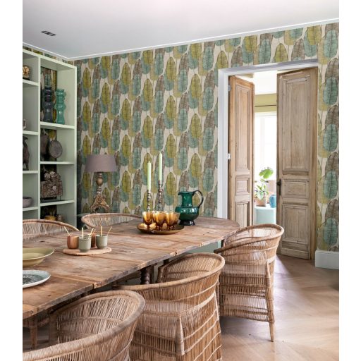 Szemet gyönyörködtető trópusi levelek szürkésbézs sárga barna zöld és türkiz tónus tapéta