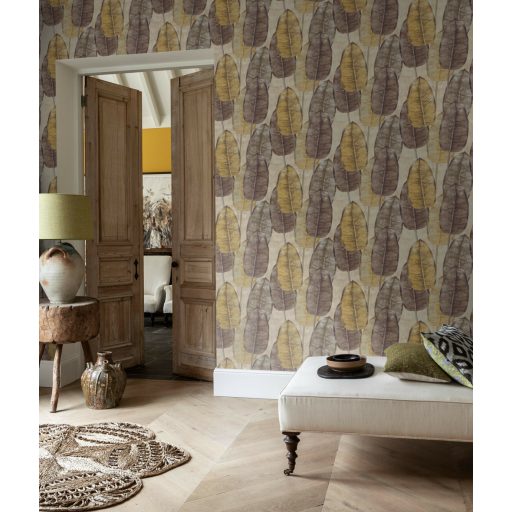 Szemet gyönyörködtető trópusi levelek szürke barna sárga és szürkésbarna tónus tapéta