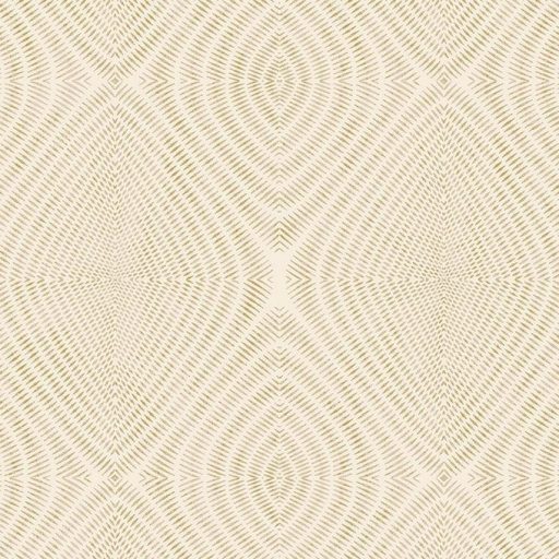 Rombuszokból épülő koncentrikus gyémántminta sugaras szerveződéssel törtfehér homokbézs és arany tónus fémes hatás tapéta