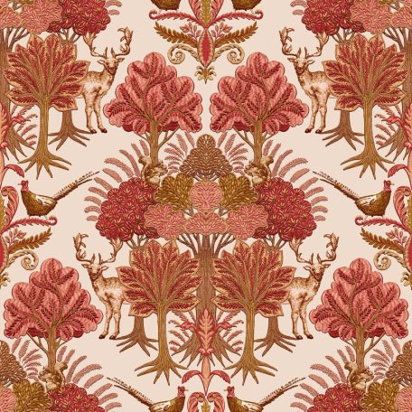 Hímzett hatású stilizált északi erdő szarvasokkal bézs barna vörös vörösesbarna és rézszín tónus finom fény tapéta