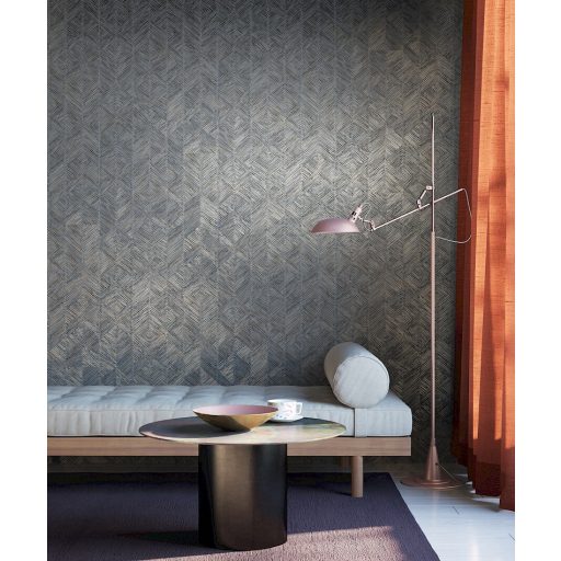 Szabálytalan vonalazással kialakított texturált geometriai design acélkék antracit éa arany tónus fémes fény tapéta
