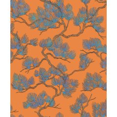   Bravúros stilizált píneafenyő megjelenítés narancs arany/aranybarna és kék tónus fémes hatás tapéta