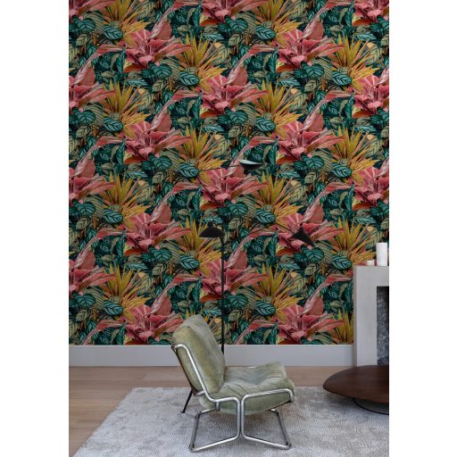 Grandeco Wanderlust WL2002 Botanikus Calathea /zebralevél/ megjelenítés szövetstruktúrán zöld kék mustár korall  tapéta