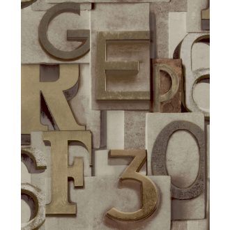   Grandeco Wanderlust WL2301 Vintage Tipográfia "Nagy"betűk beton és kőlapokon 3D hatás krém bézs barna arany tapéta