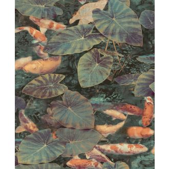   Grandeco Wanderlust WL2401 Natur Koi halak és tavirózsa levelek varázslatos vízi világa zöld sárga szines tapéta