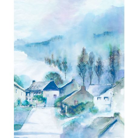Idilli akvarell tájkép - Falu a "kék" völgyben fehér kék zöld rózsaszín és szürke tónusok falpanel/digitális nyomat