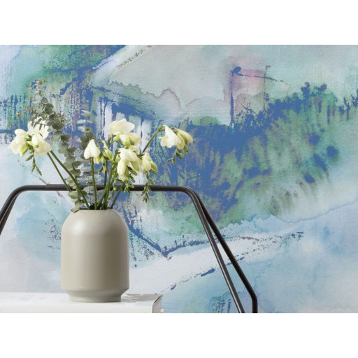 Idilli akvarell tájkép - Falu a "kék" völgyben fehér kék zöld rózsaszín és szürke tónusok falpanel/digitális nyomat