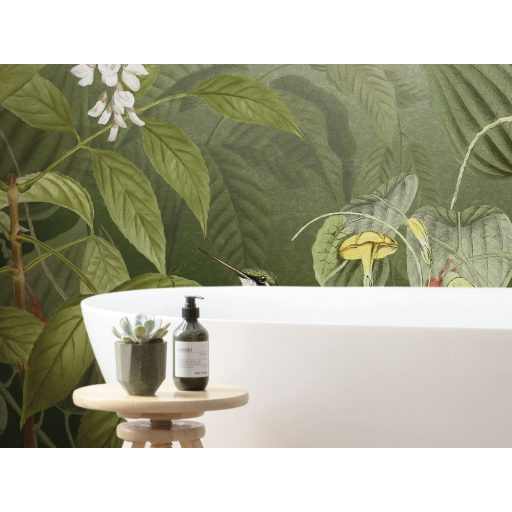 Idilli trópusi életkép - Madarak és pillangók szűrt napfényben liánok és levelek között zöld fehér és sokszínű falpanel/digitális nyomat