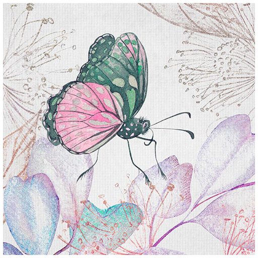 Pillangók gyűjtik az illatos virágok nektárját fehér lila rózsaszín zöld kék és szürke tónusok falpanel/digitális nyomat