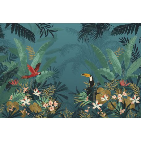 Elvarázsolt dzsungel - a főbb szerepekben a papagáj és a tukán kékeszöld zöld piros sokszínű falpanel/digitális nyomat