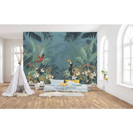 Elvarázsolt dzsungel - a főbb szerepekben a papagáj és a tukán kékeszöld zöld piros sokszínű falpanel/digitális nyomat