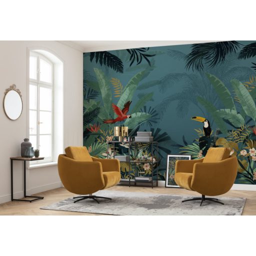 Elvarázsolt dzsungel - a főbb szerepekben a papagáj és a tukán kékeszöld zöld piros sokszínű falpanel/digitális nyomat