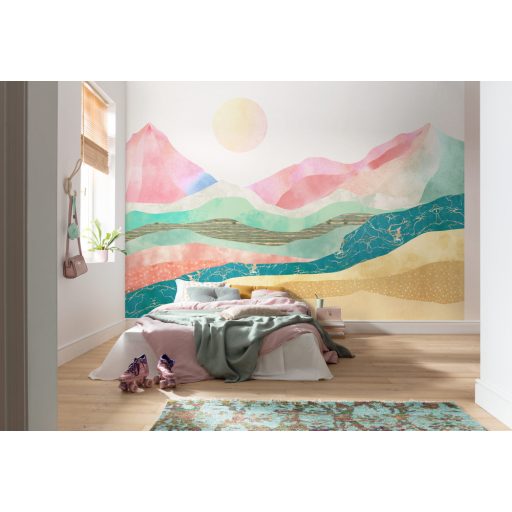 Elvont mégis könnyen beazonosítható - Hegyek folyók és a nap különös hangulata krém rózsaszín sárga sokszínű falpanel/digitális nyomat