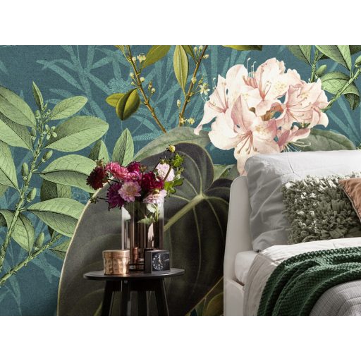 A botanika és a művészet csúcspontja - Elbűvölő levél és jácint design zöldeskék rózsaszín zöld barna és fekete falpanel/digitális nyomat