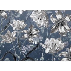   Álmodozás és pehelykönnyű érzés felnagyított virágok között kék fehér szürke fekete és lila tónusok falpanel/digitális nyomat