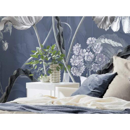 Álmodozás és pehelykönnyű érzés felnagyított virágok között kék fehér szürke fekete és lila tónusok falpanel/digitális nyomat