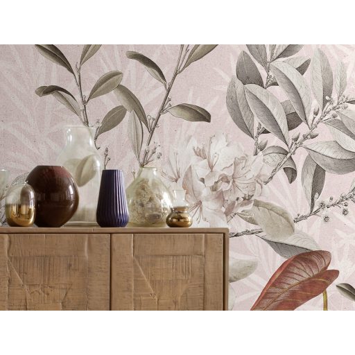 A női szívek meghódítója - Kifinomult kollázs levelek virágok rózsaszín szürke vörös barna zöld és fehér falpanel/digitális nyomat