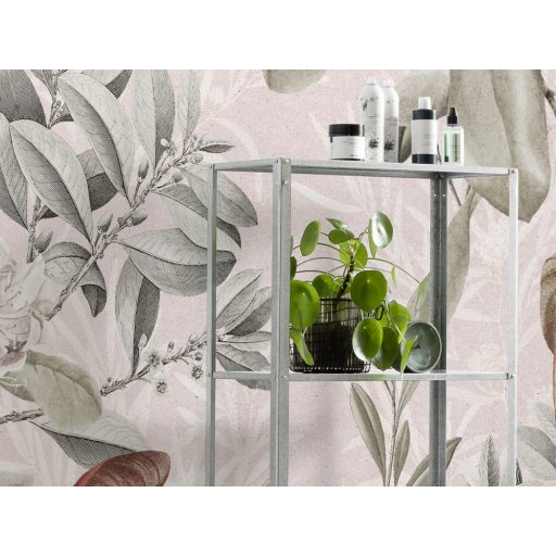 A női szívek meghódítója - Kifinomult kollázs levelek virágok rózsaszín szürke vörös barna zöld és fehér falpanel/digitális nyomat